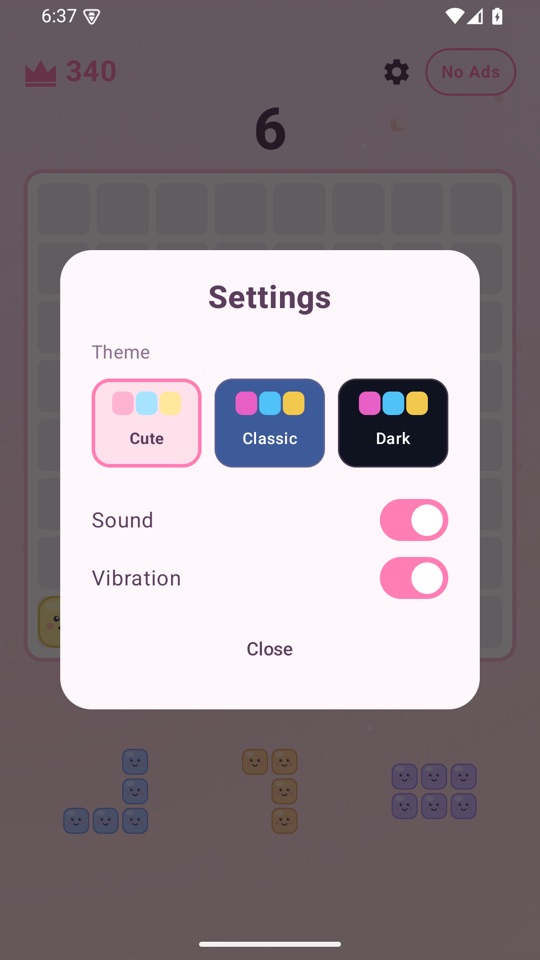 Settings with theme, sound and vibration