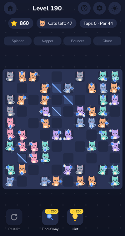 A crowded chapter-5 board in dark mode with mirrors and many kinds of cat.