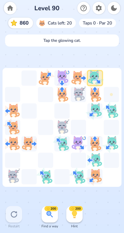 A level with one cat glowing and a dotted trail showing where it will run.