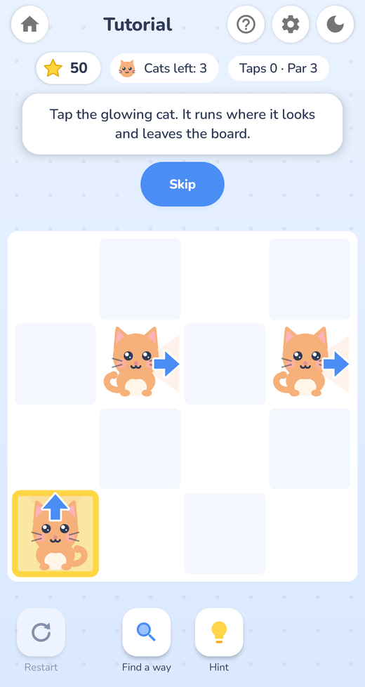 The Cat Arrows tutorial: a 4×4 board with three cats, each with a blue arrow showing the way it will run.