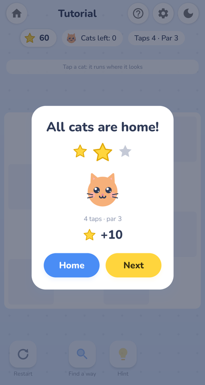 The victory card with star rating, taps against par and stars earned.