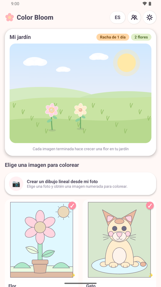 La pantalla del jardín de Color Bloom con una flor plantada y la galería de dibujos