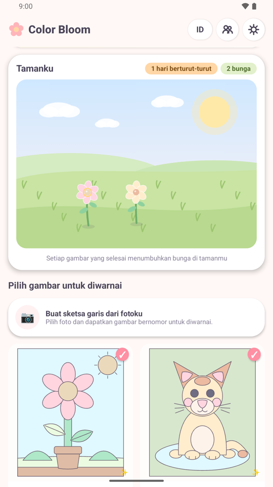 Layar taman Color Bloom dengan bunga yang sudah ditanam dan galeri gambar