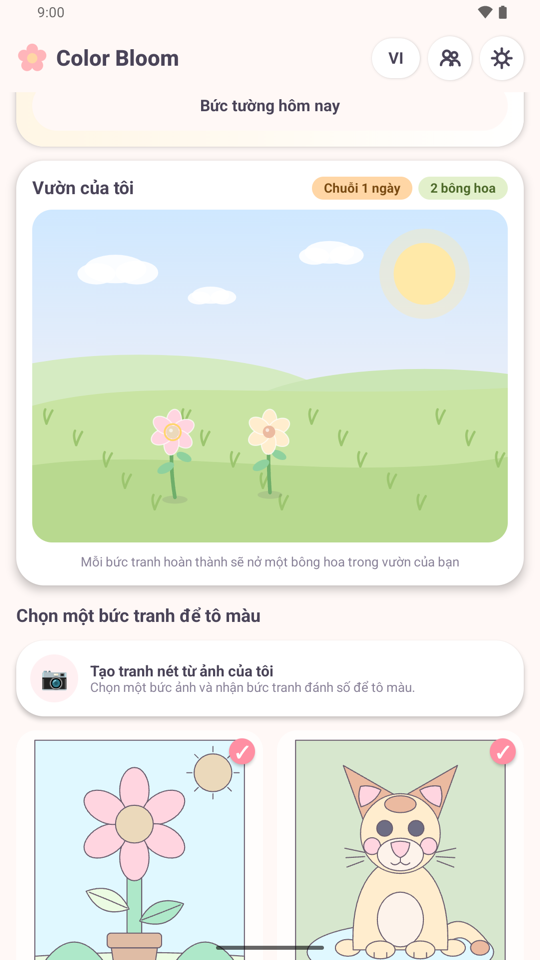 Màn hình khu vườn của Color Bloom với một bông hoa đã trồng và thư viện tranh