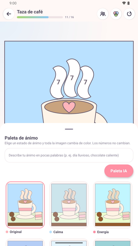 El panel de paleta de ánimo cambiando los colores de un dibujo