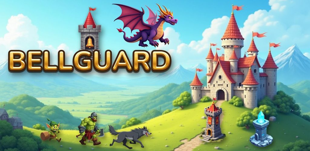 Bellguard: a castle on a green hill, defense towers, a purple dragon and goblins marching in