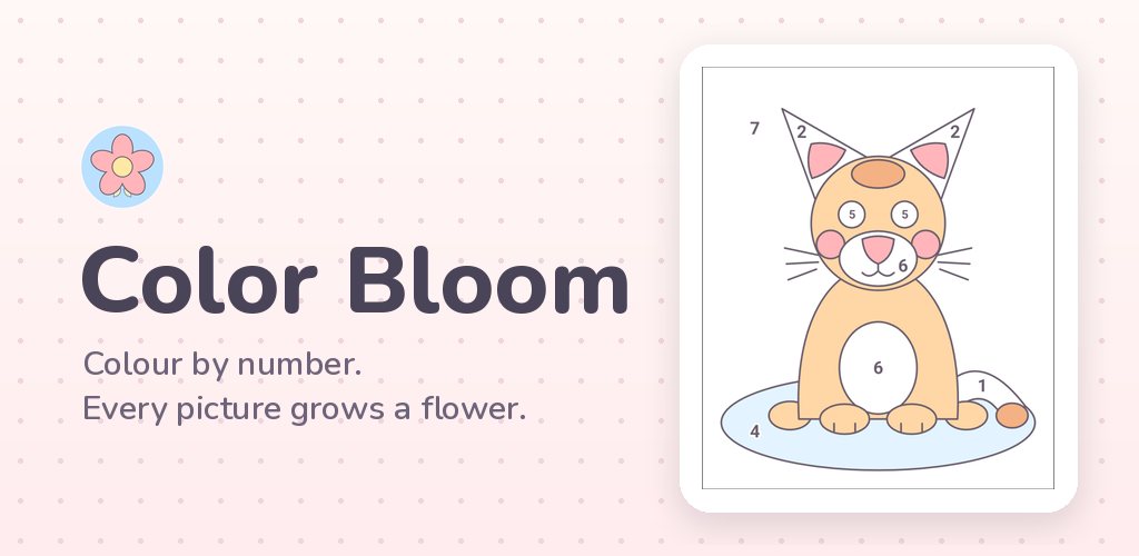 Color Bloom: a numbered line drawing of a cat, half coloured in, next to the game's flower logo