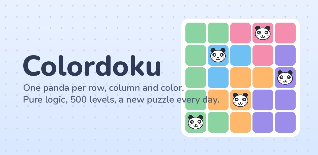 Colordoku: a colourful 5×5 board with five pandas, one in each row, column and colour