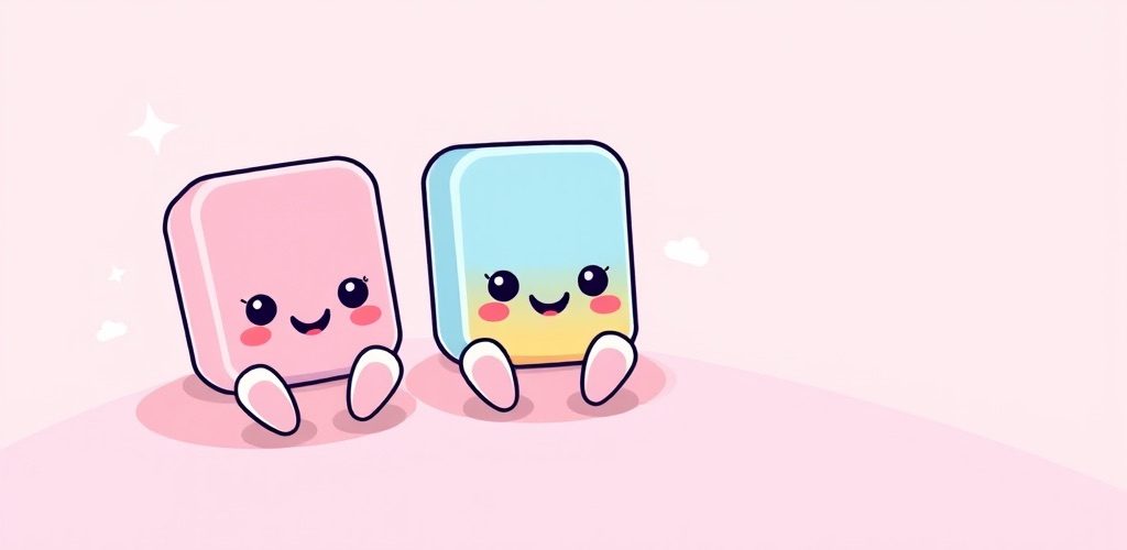 Cutie Blocks: a pink block and a pastel blue block with smiling faces sitting side by side