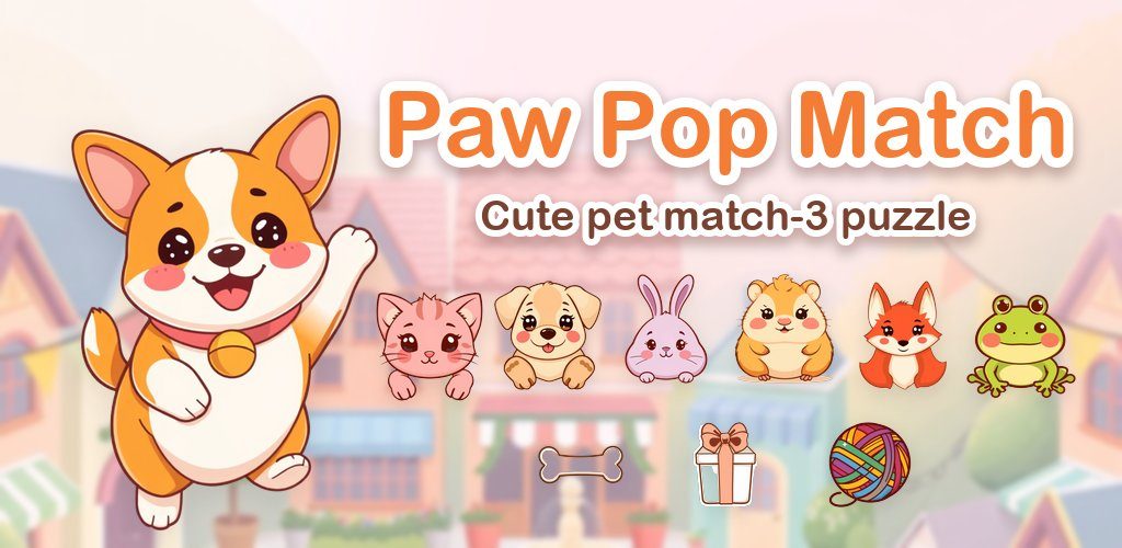 Paw Pop Match: Pip the corgi waving next to a row of cute pets, a bone, a gift and a ball of yarn